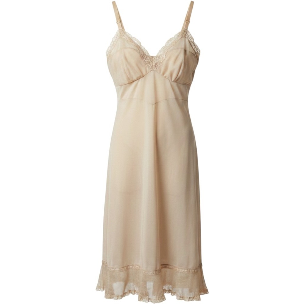 Shadowline Vintage Beige Full Slip Lace Pleated Ruffle Hem Size 32 Nude Lingerie